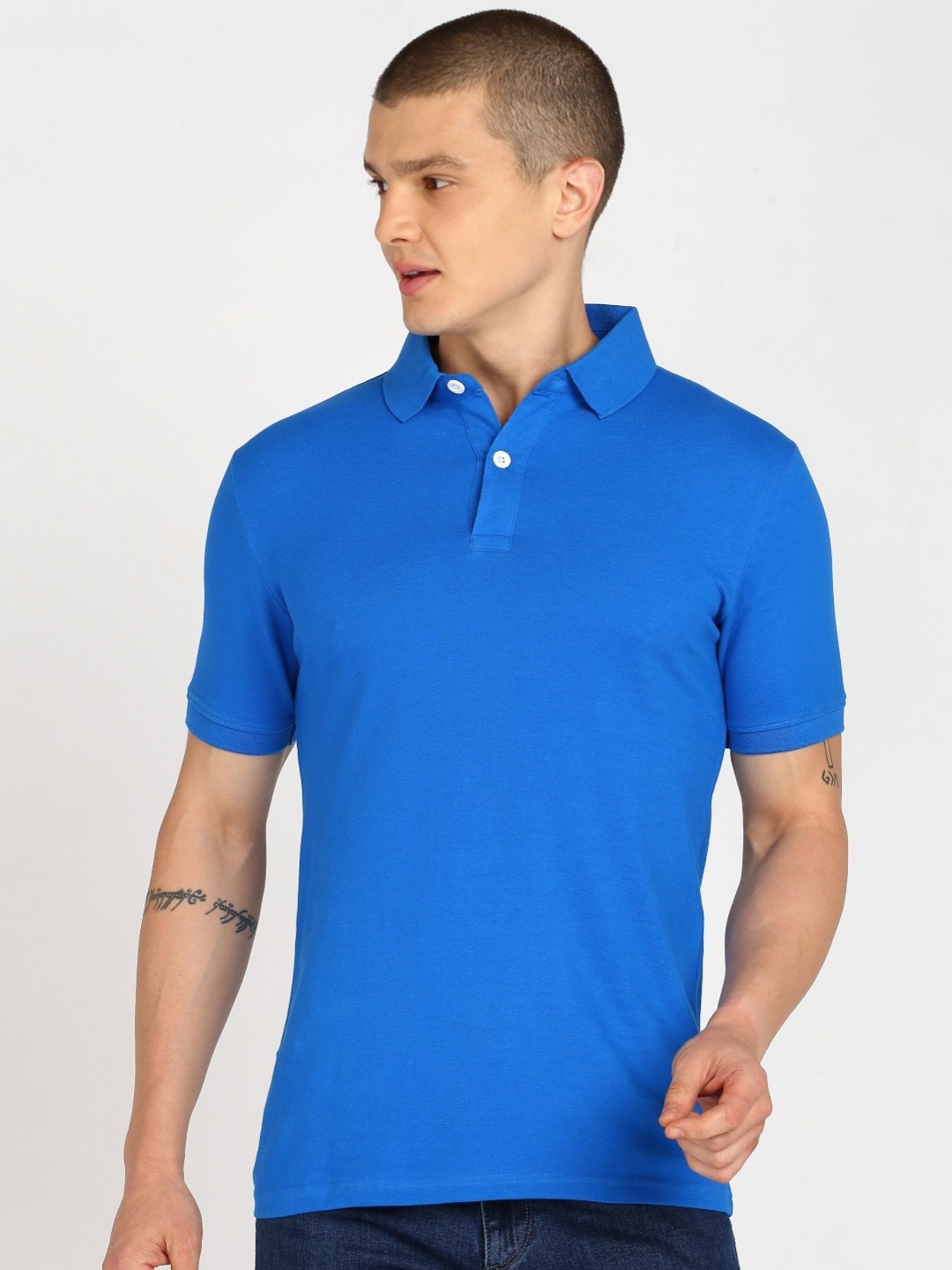 

SHARKTRIBE Men Solid Polo Collar Cotton T-shirt, Blue