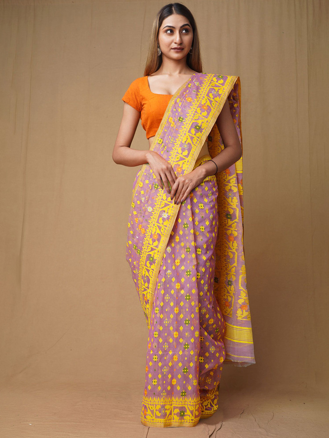 

Unnati Silks Ethnic Motifs Woven Design Pure Cotton Handloom Jamdani Saree, Lavender