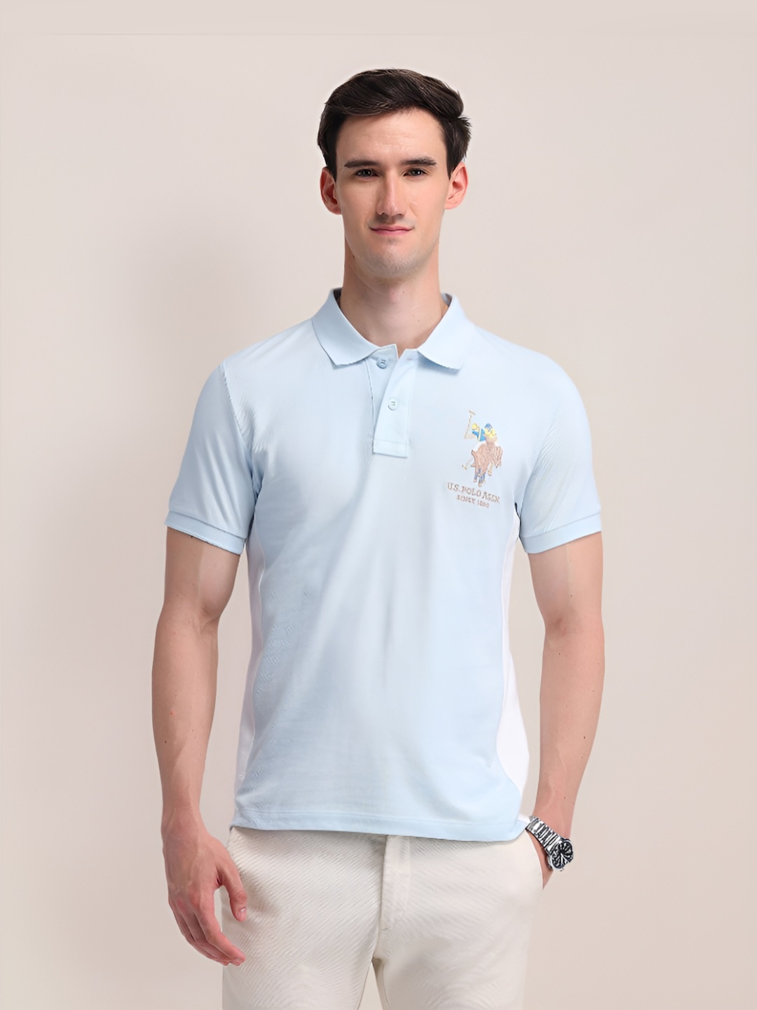 

U.S. Polo Assn. Men Brand Logo Solid Slim Fit Pure Cotton T-shirt, Blue