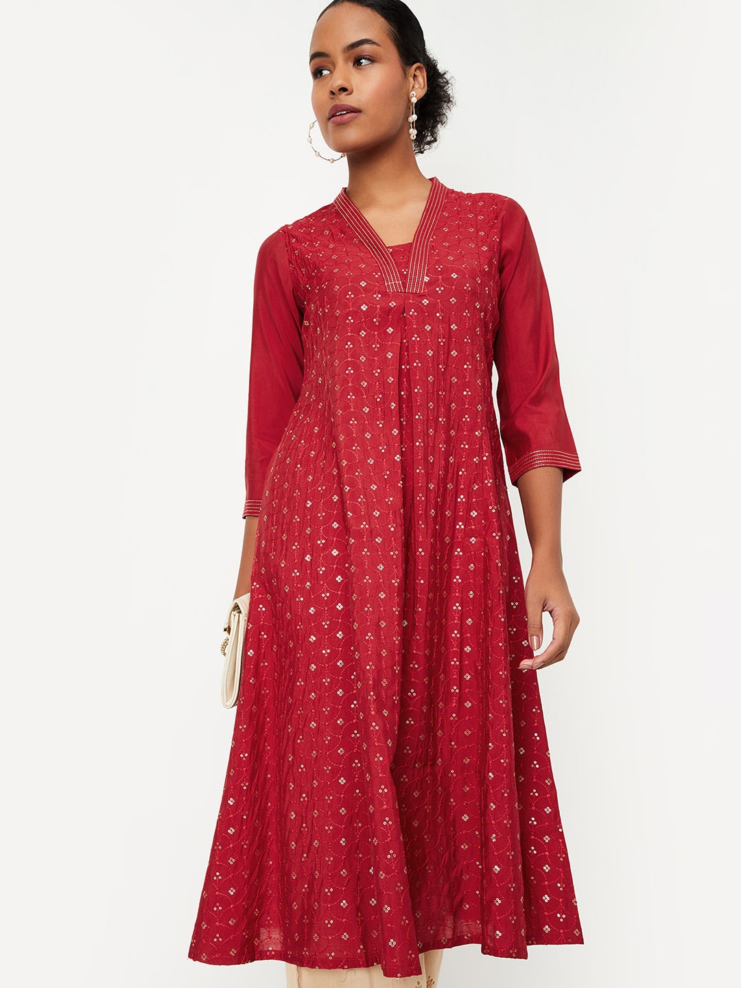 

Max Floral Embroidered V-Neck Sequins A-Line Kurta, Red