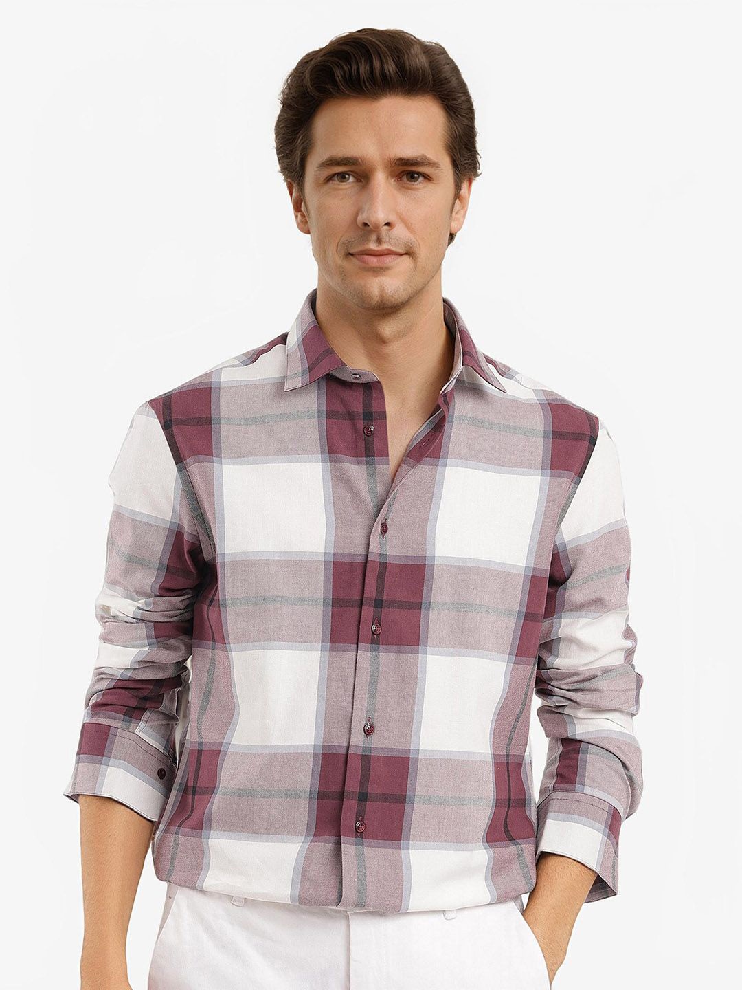 

RARE RABBIT Men Comfort Spread Collar Tartan Checked Cotton Casual Shirt, Maroon