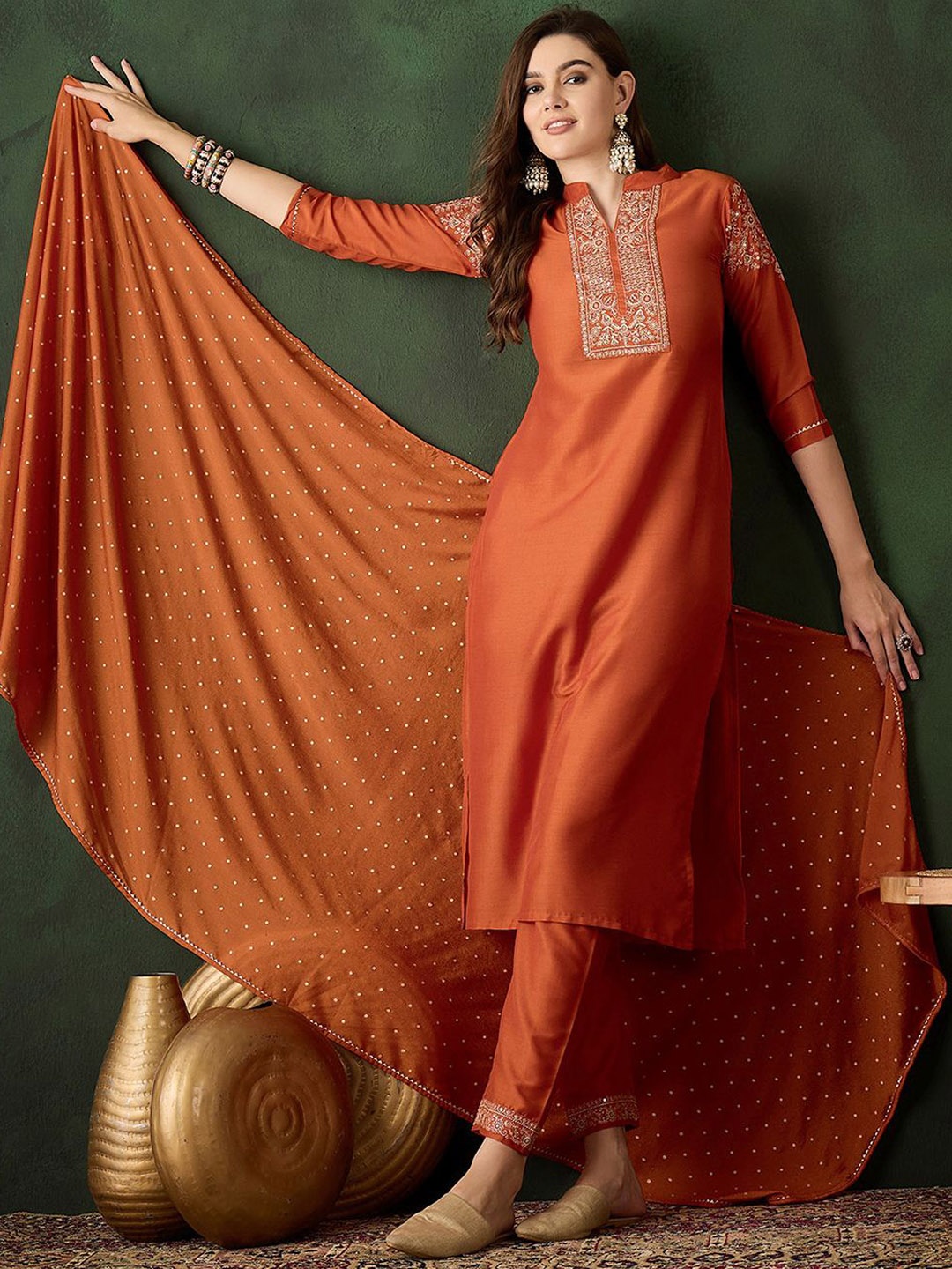 

Sangria Zari Sequence Embroidered Straight Kurta & Trouser With Dupatta, Orange