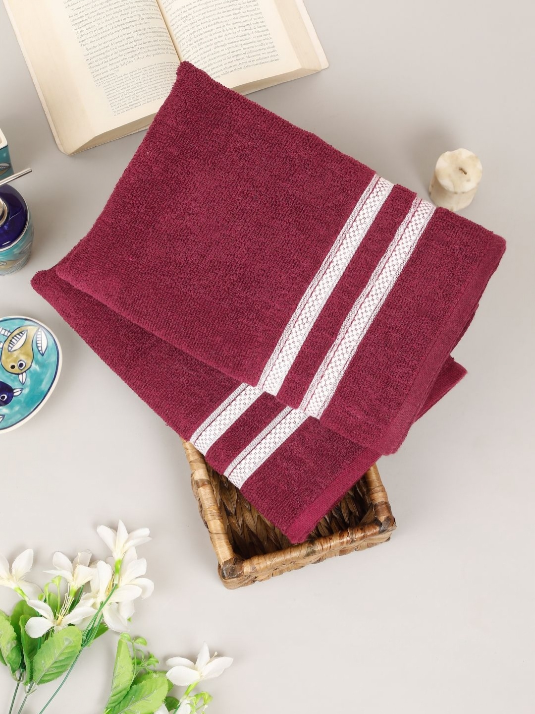

Creeva Comfort Living Maroon & White 2 Pieces Striped Cotton 410 GSM Bath Towels