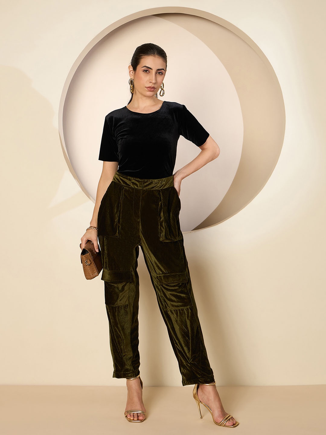 

Antheaa Women Velvet Solid Smart Trousers, Olive
