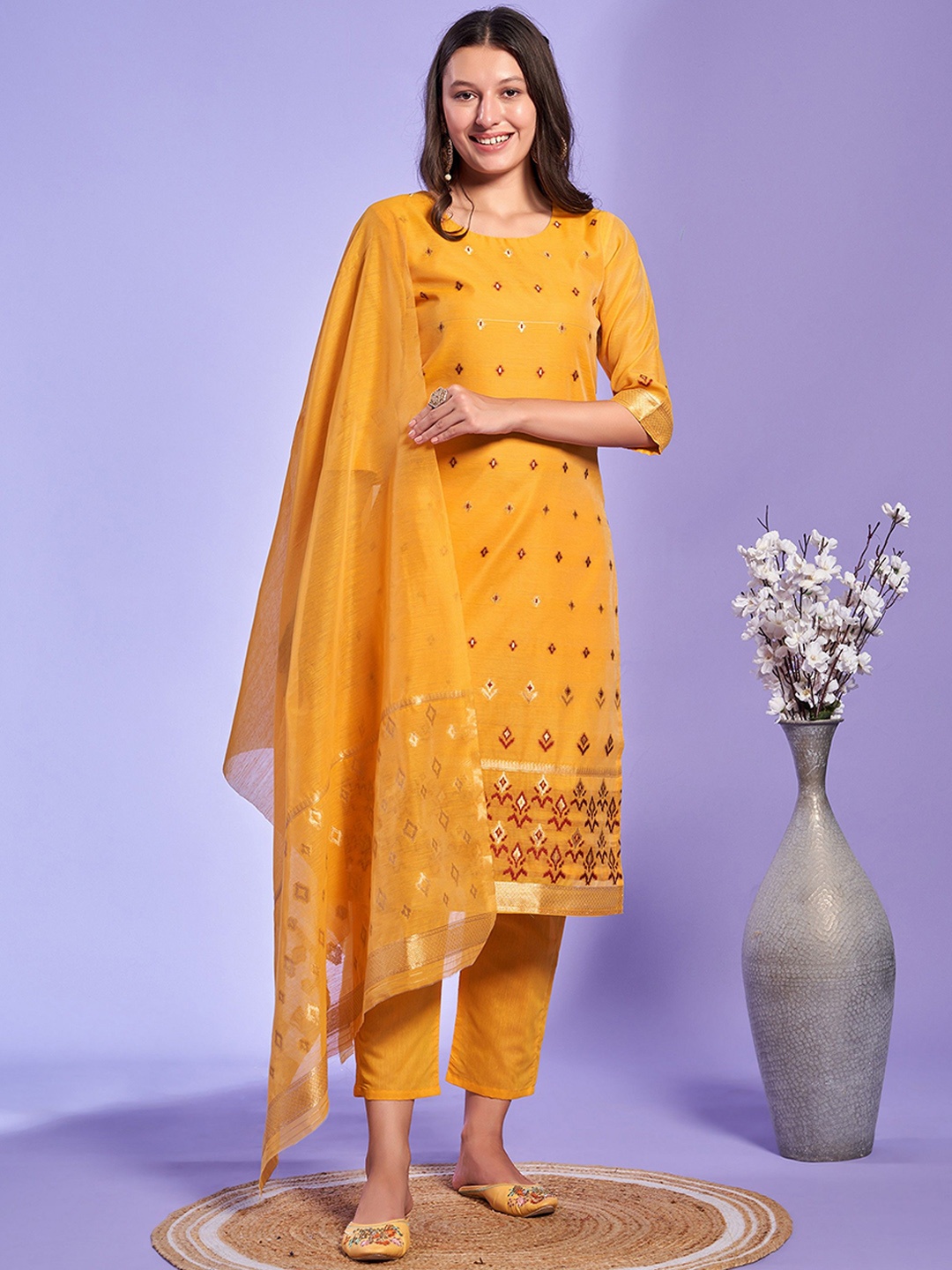 

KALINI Woven Design Ethnic Motifs Regular Straight Kurta with Trousers & Dupatta, Yellow