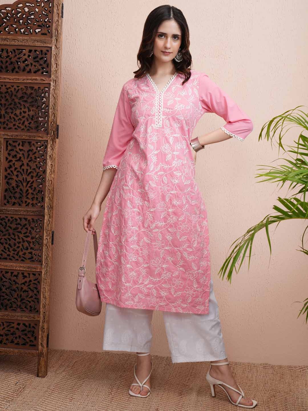 

Vishudh Floral Embroidered Gotta Patti Straight Kurta, Pink