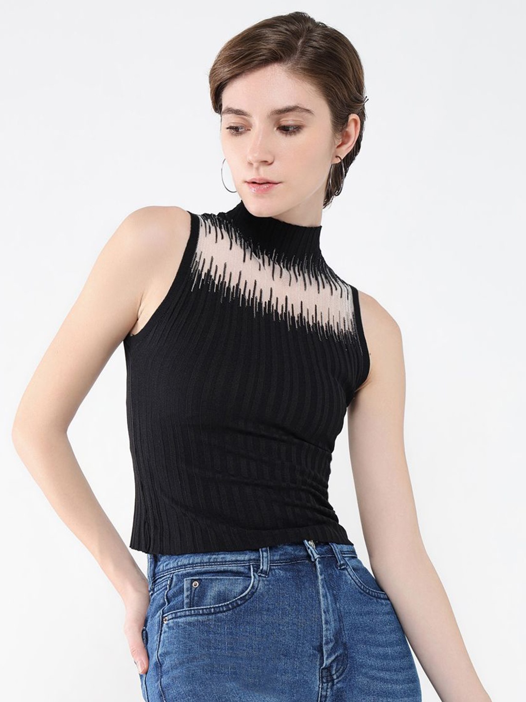 

SHOWOFF Women Self Design High Neck Acrylic Top, Black