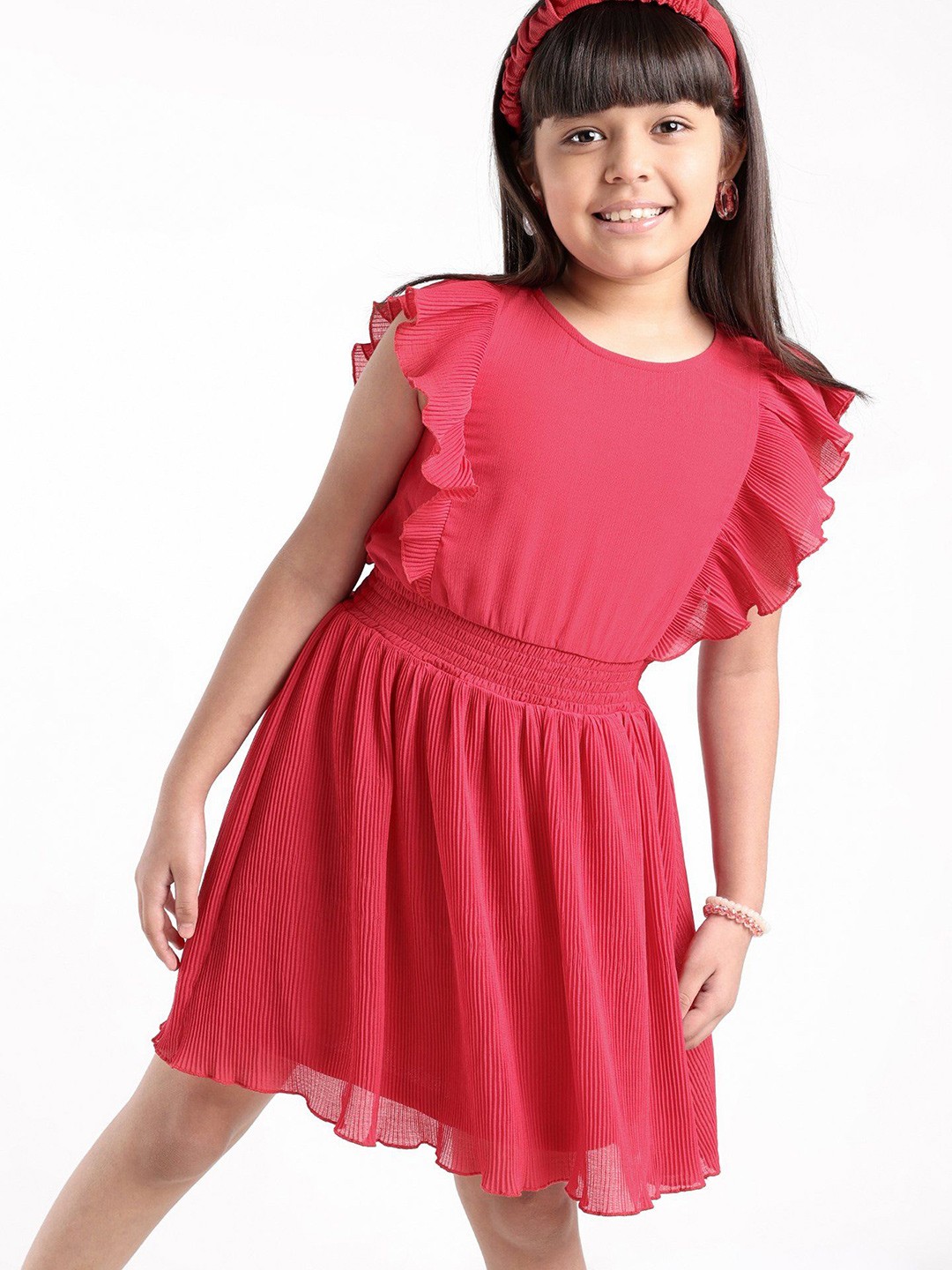 

ARIAS By LARA DUTTA Girls Solid Flutter Sleeve Fit & Flare Dress, Red