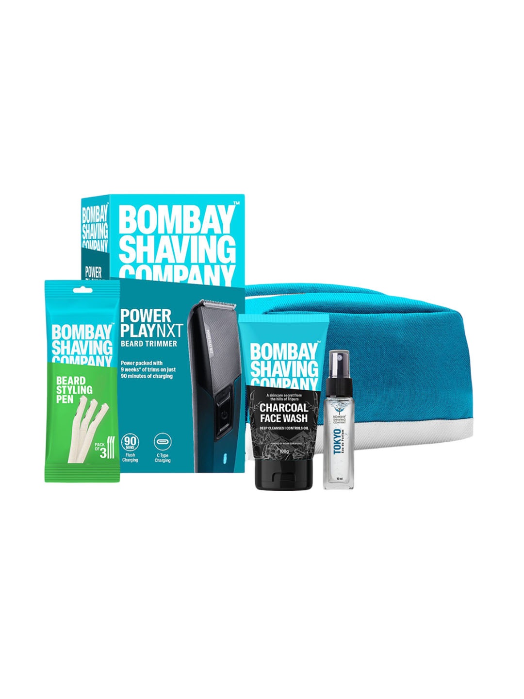 

Bombay Shaving Company Face Wash Beard Trimmer Beard Styling Pen Perfume With Pouch, Blue