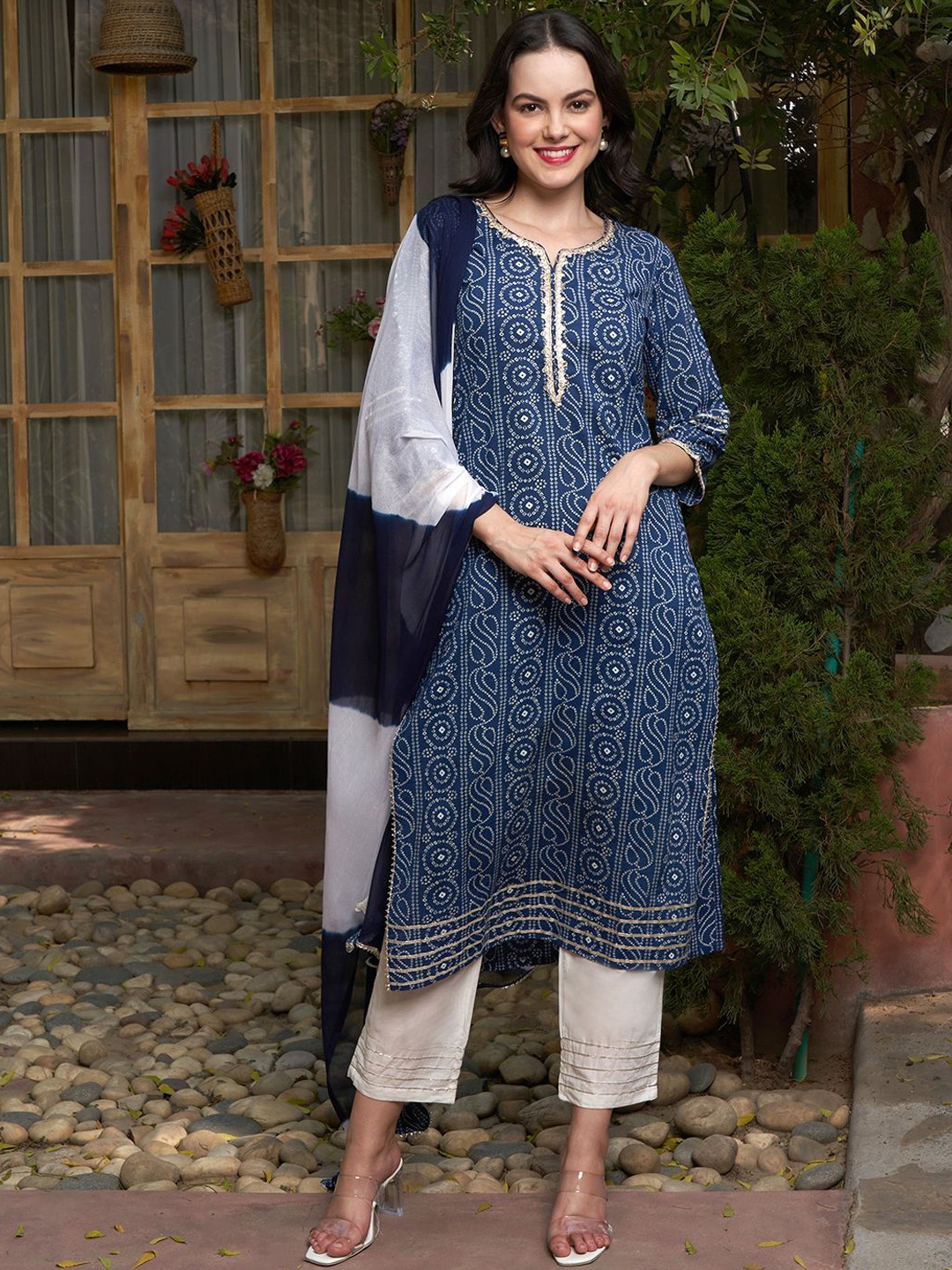 

BANDIA Bandhani Printed Gotta Patti Pure Cotton Straight Kurta With Trousers & Dupatta, Blue