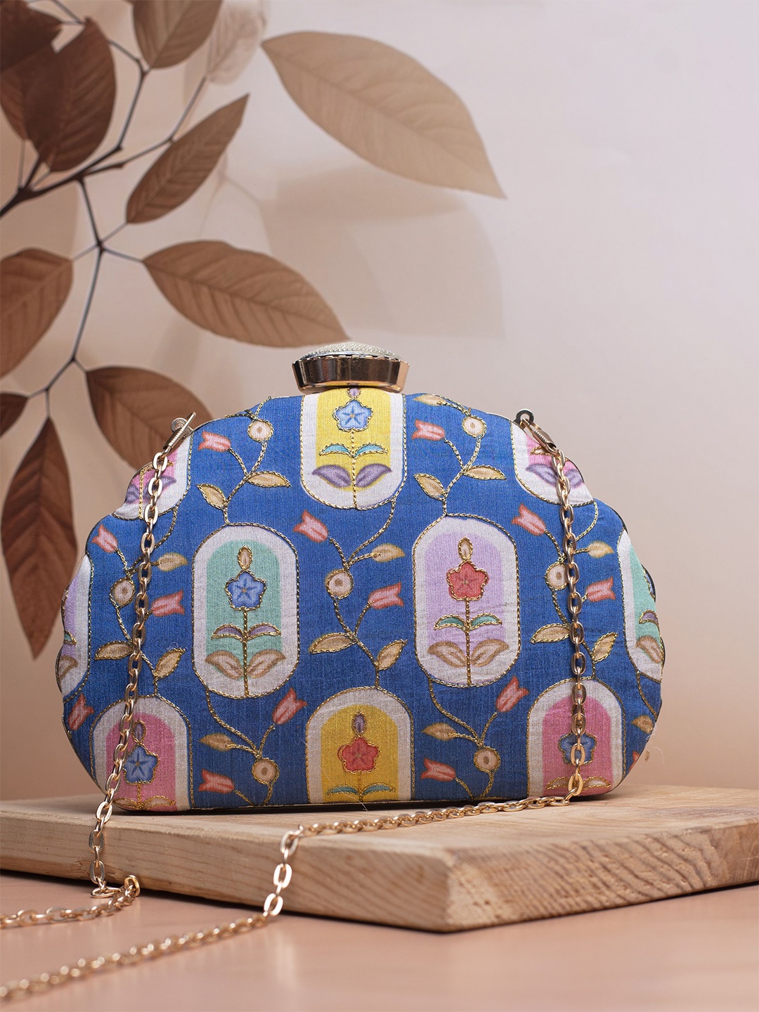 

ARTKLIM Embroidered Zari Embellished Box Clutch, Blue
