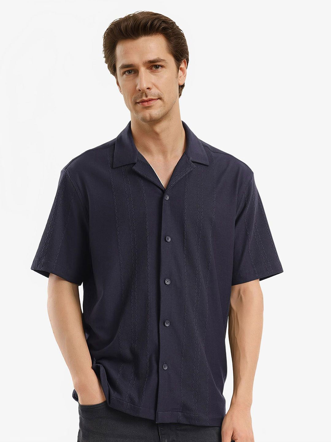 

RARE RABBIT Men Comfort Spread Collar Solid Cotton Casual Shirt, Navy blue