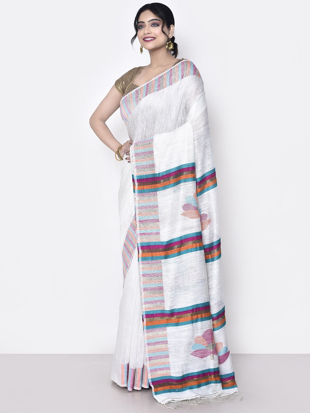 

SPRISH Ethnic Motifs Pure Silk Block Print Saree, White