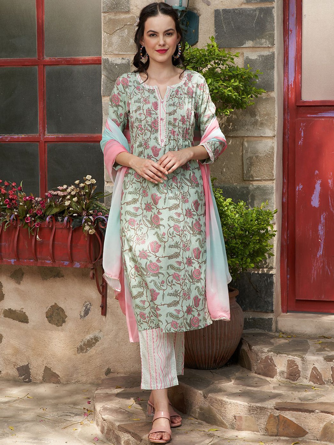 

BANDIA Floral Printed Mirror Work Pure Cotton Straight Kurta With Trousers & Dupatta, Sea green