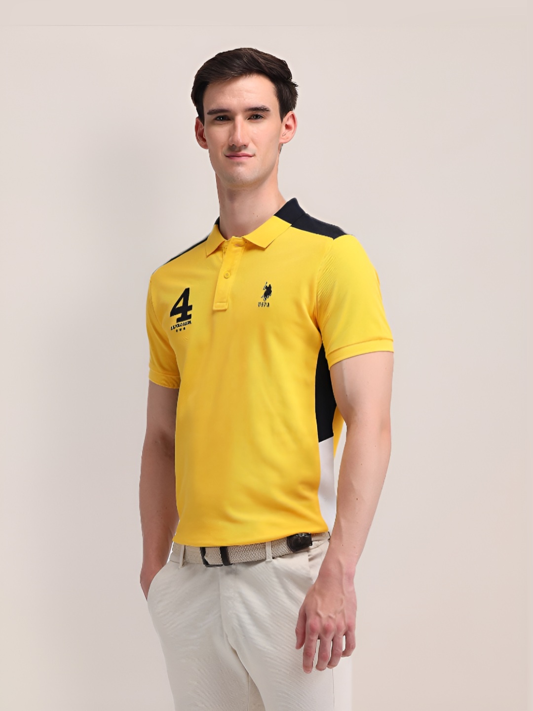 

U.S. Polo Assn. Men Brand Logo Solid Slim Fit Pure Cotton T-shirt, Yellow