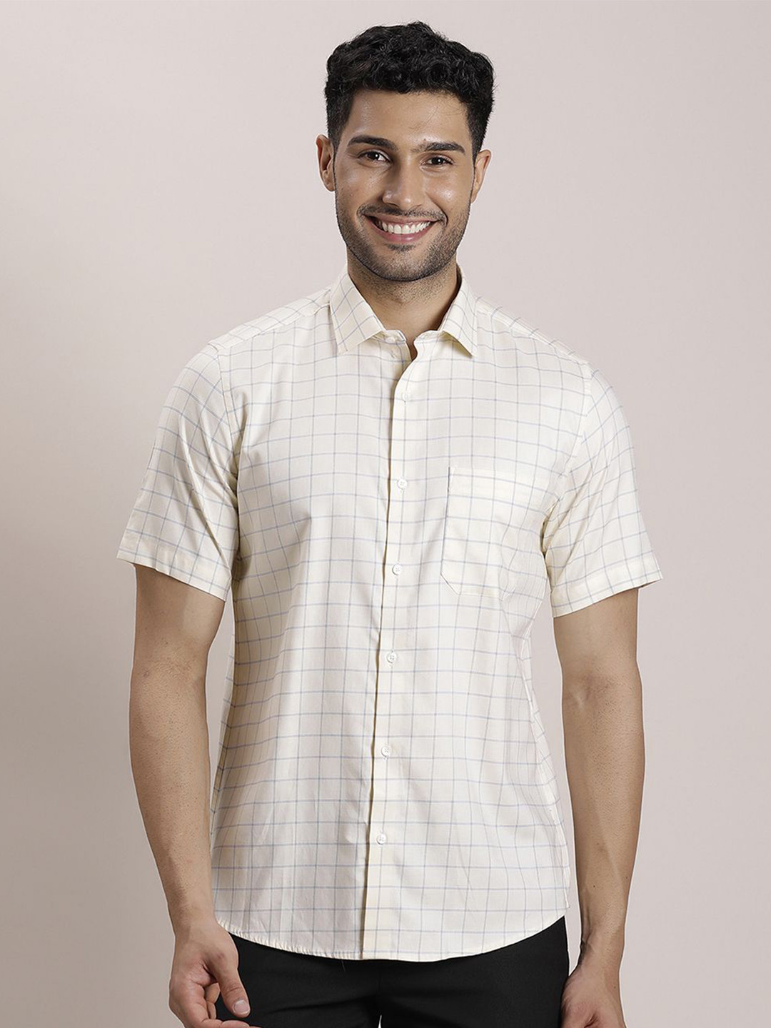 

Turtle Men Classic Spread Collar Grid Tattersall Checked Cotton Slim Fit Formal Shirt, Cream