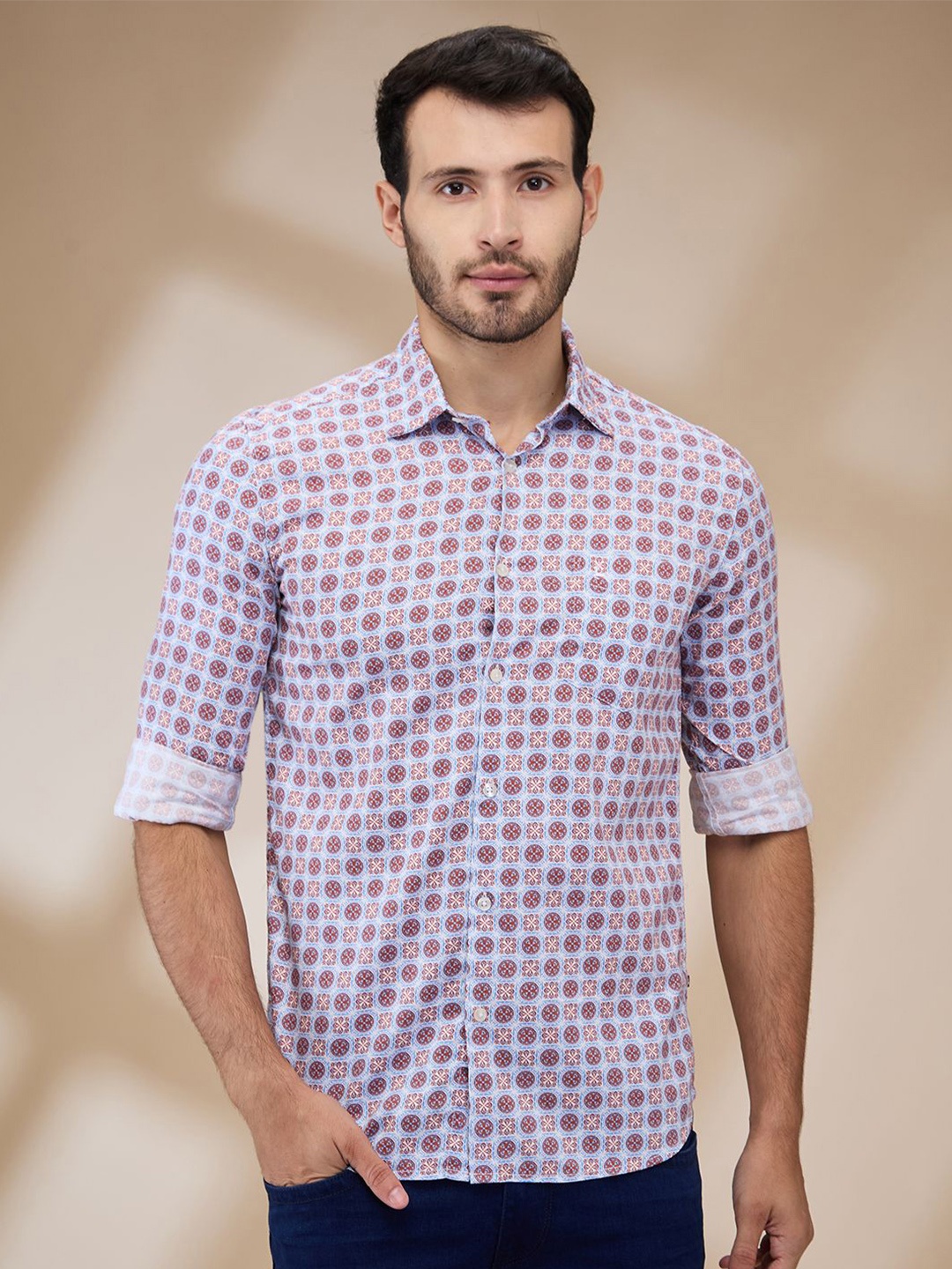 

Parx Men Spread Collar Floral Printed Cotton Slim Fit Casual Shirt, Blue