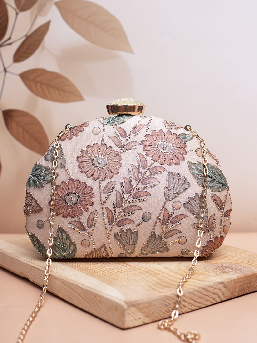 

ARTKLIM Floral Embroidered Sequinned Box Clutch, Beige