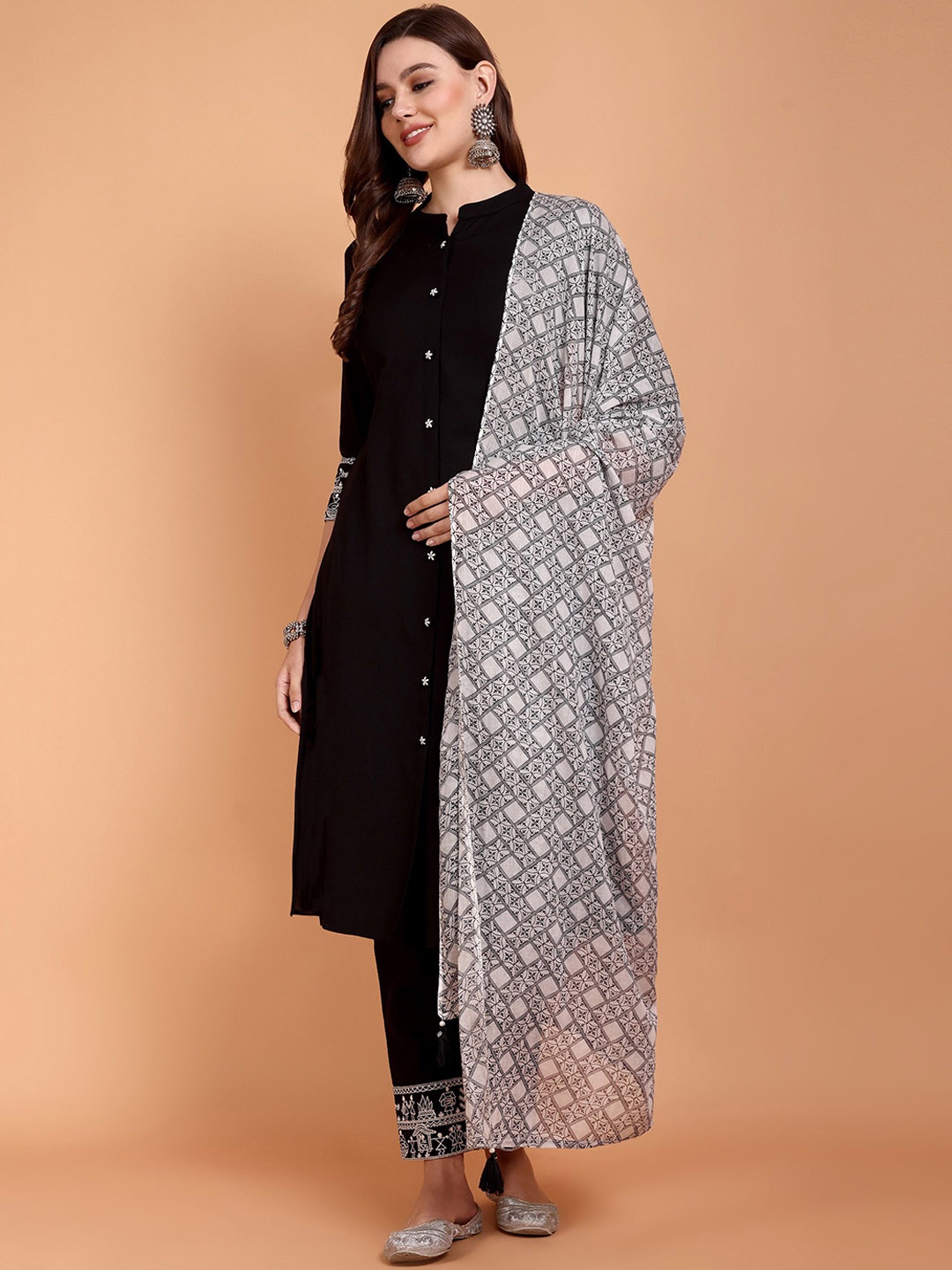 

Atha Fashion Mandarin Collar Pure Cotton Anarkali Kurta with Trousers & Dupatta, Black