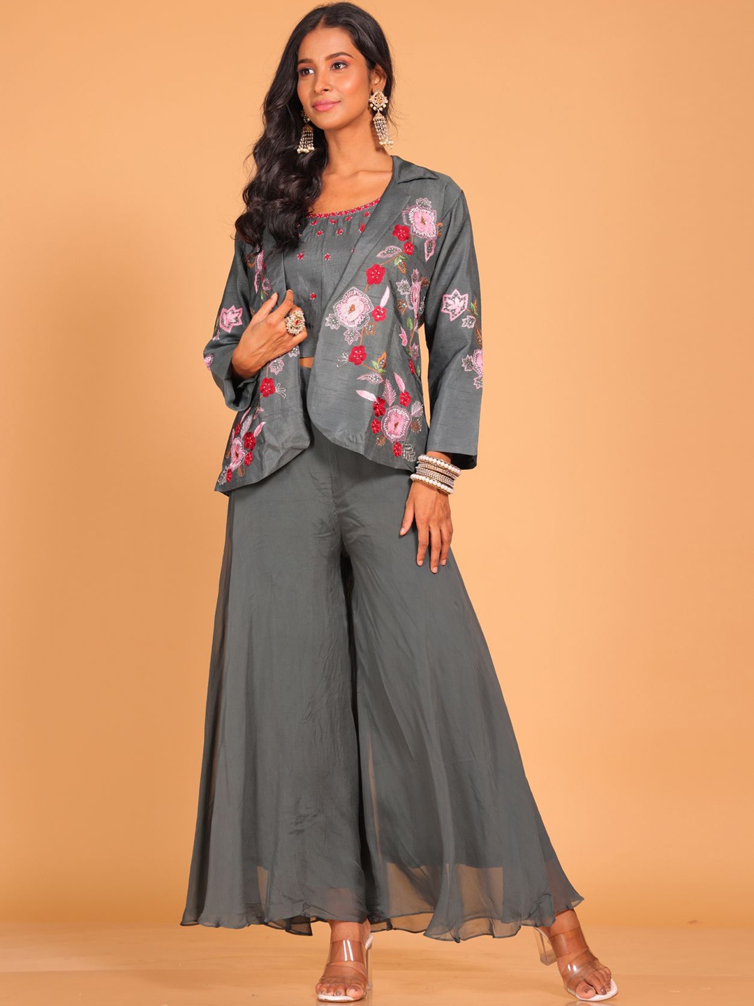 

Morchari Embroidered Top & Jacket With Sharara Co-Ords, Grey