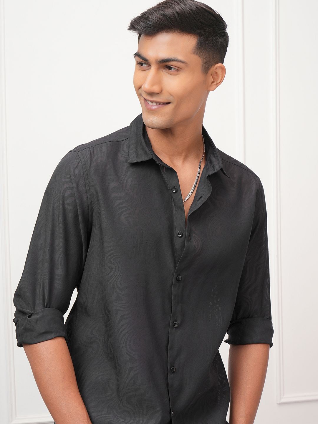 

LOCOMOTIVE Premium Men Burnout Jacquard Textured Occasion Shirt, Black