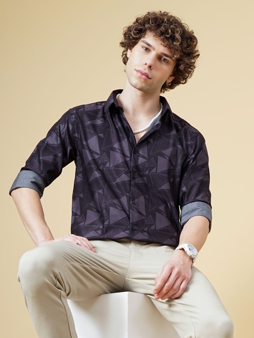 

PAUL STREET Men Classic Spread Collar Abstract Printed Slim Fit Casual Shirt, Black