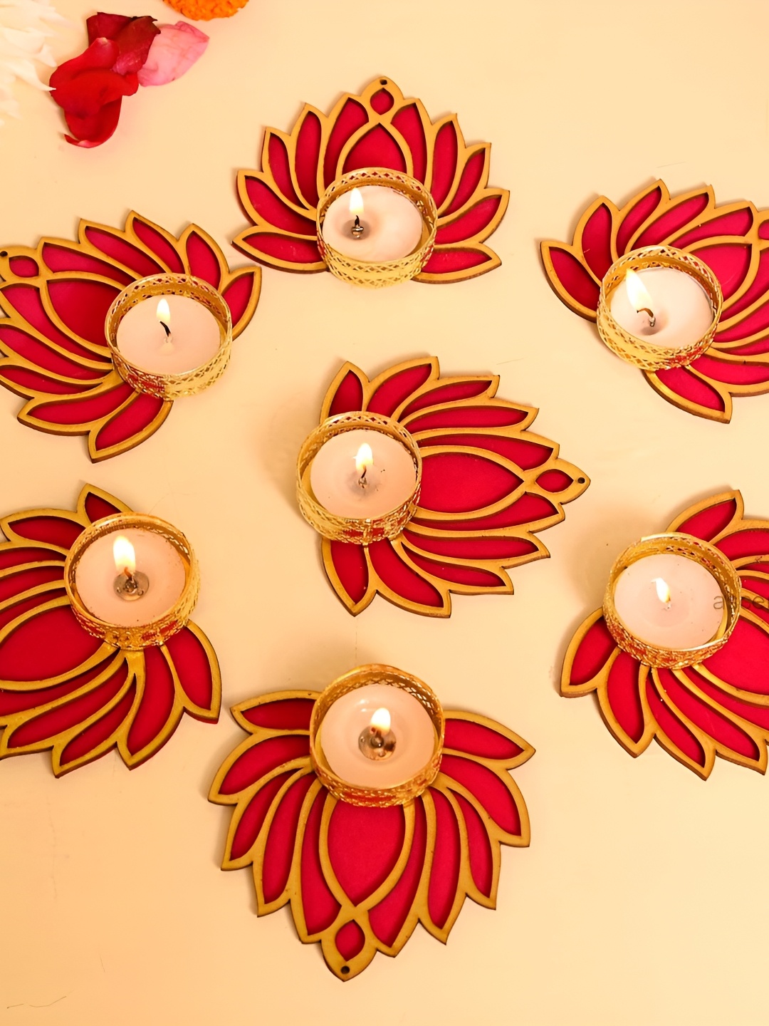 

Ascension Red & Gold Toned 7 Pcs Wooden Lotus Tealight Candle Holder
