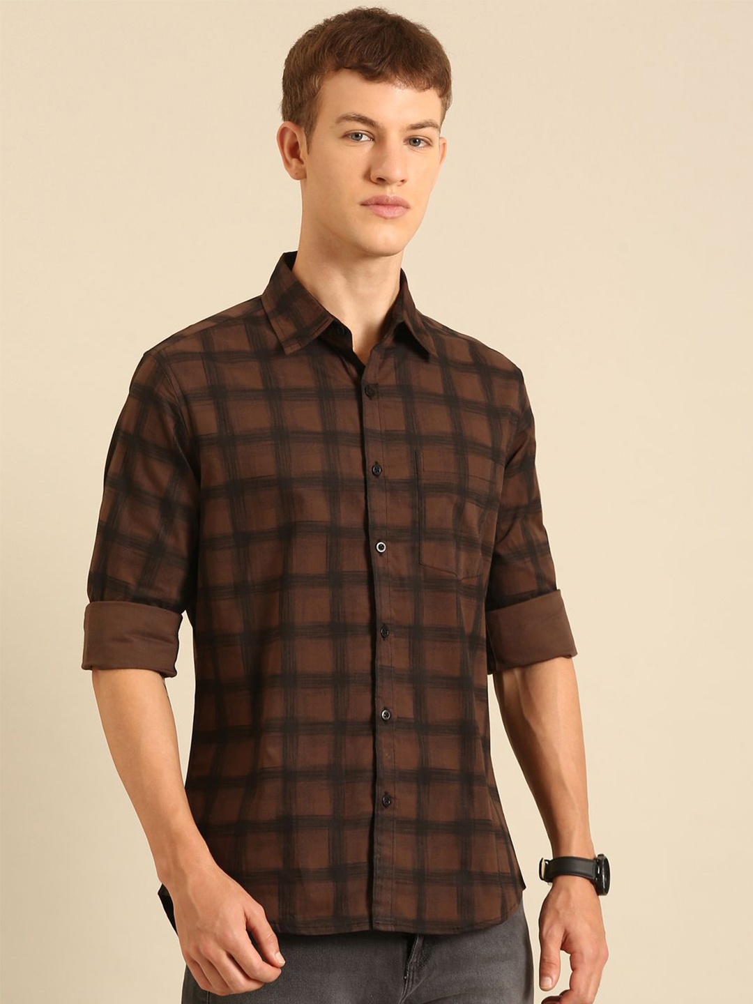 

Joven Men Spread Collar Tartan Checked Cotton Casual Shirt, Brown