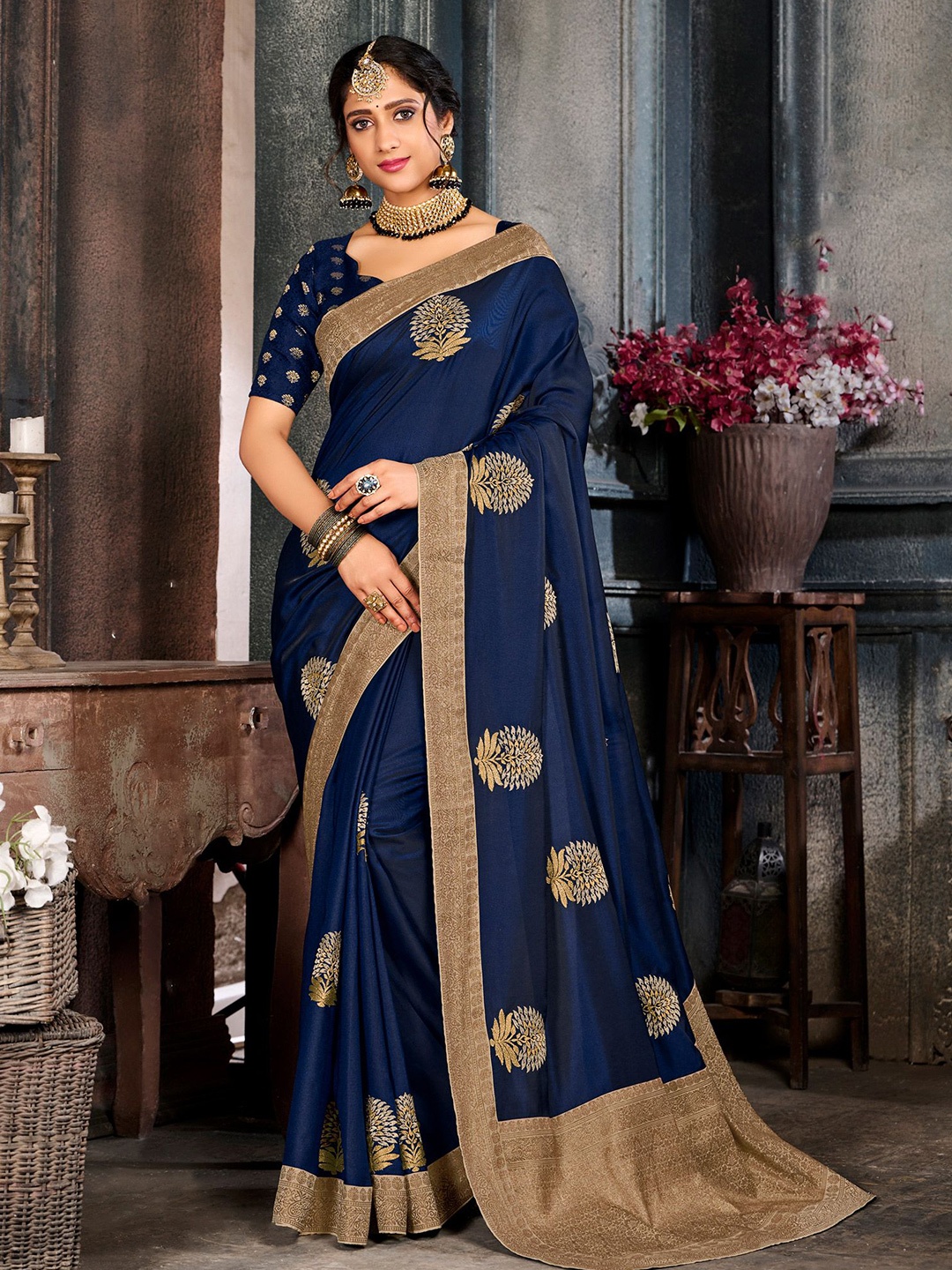 

Laxmipati Floral Embroidered Poly Crepe Saree, Navy blue