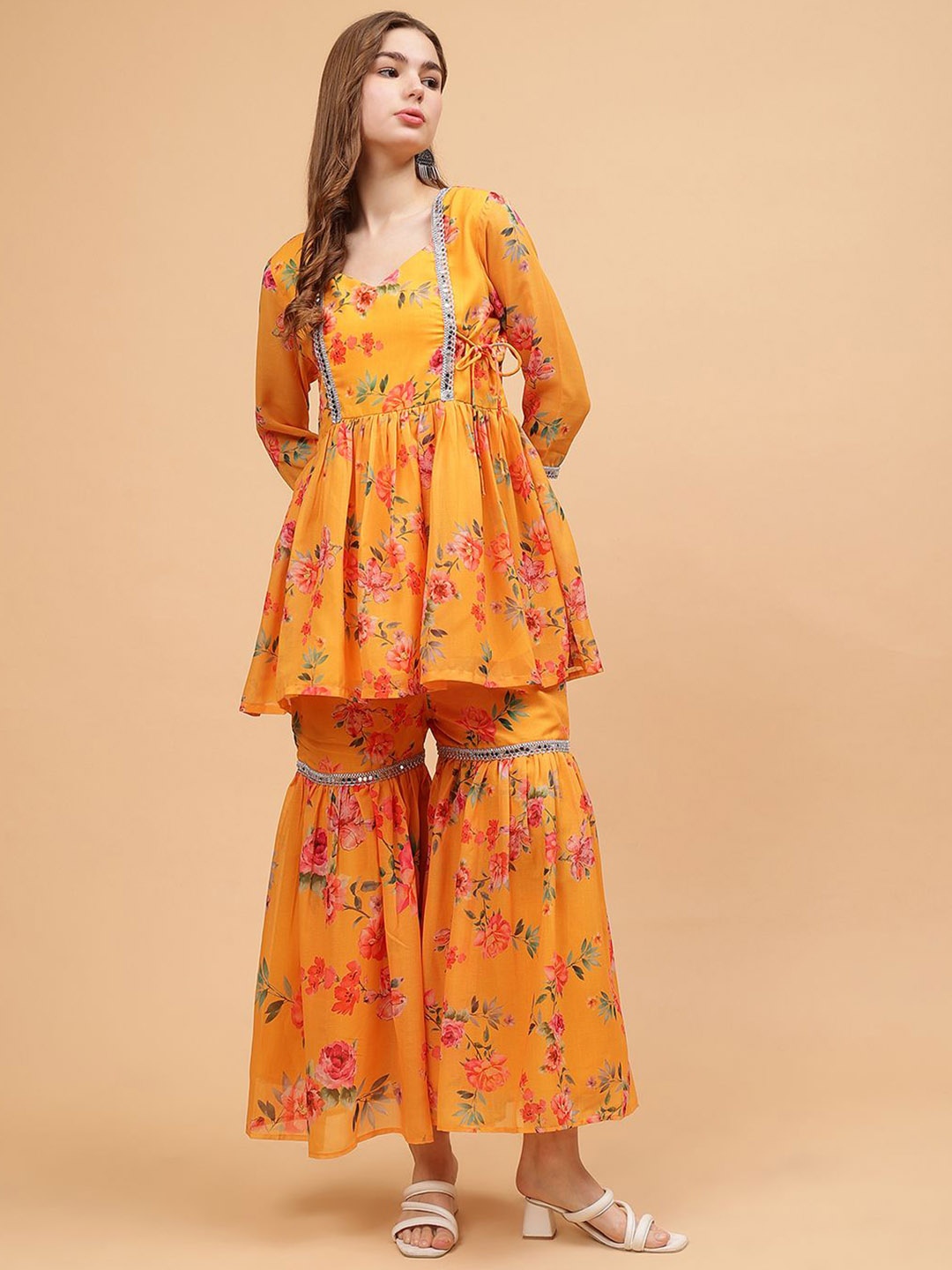 

Frolic Rolic Floral Printed Mirror Work Georgette Anarkali Kurti with Sharara, Mustard