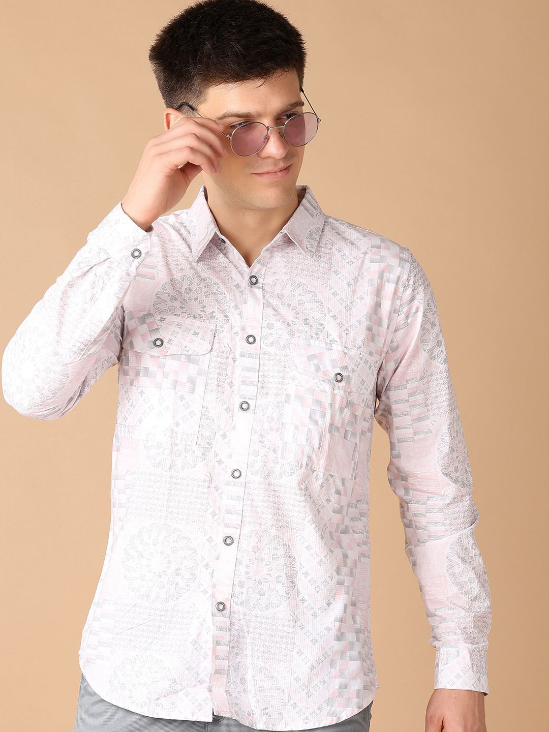 

V-Mart Men Classic Spread Collar Abstract Printed Cotton Slim Fit Casual Shirt, Pink