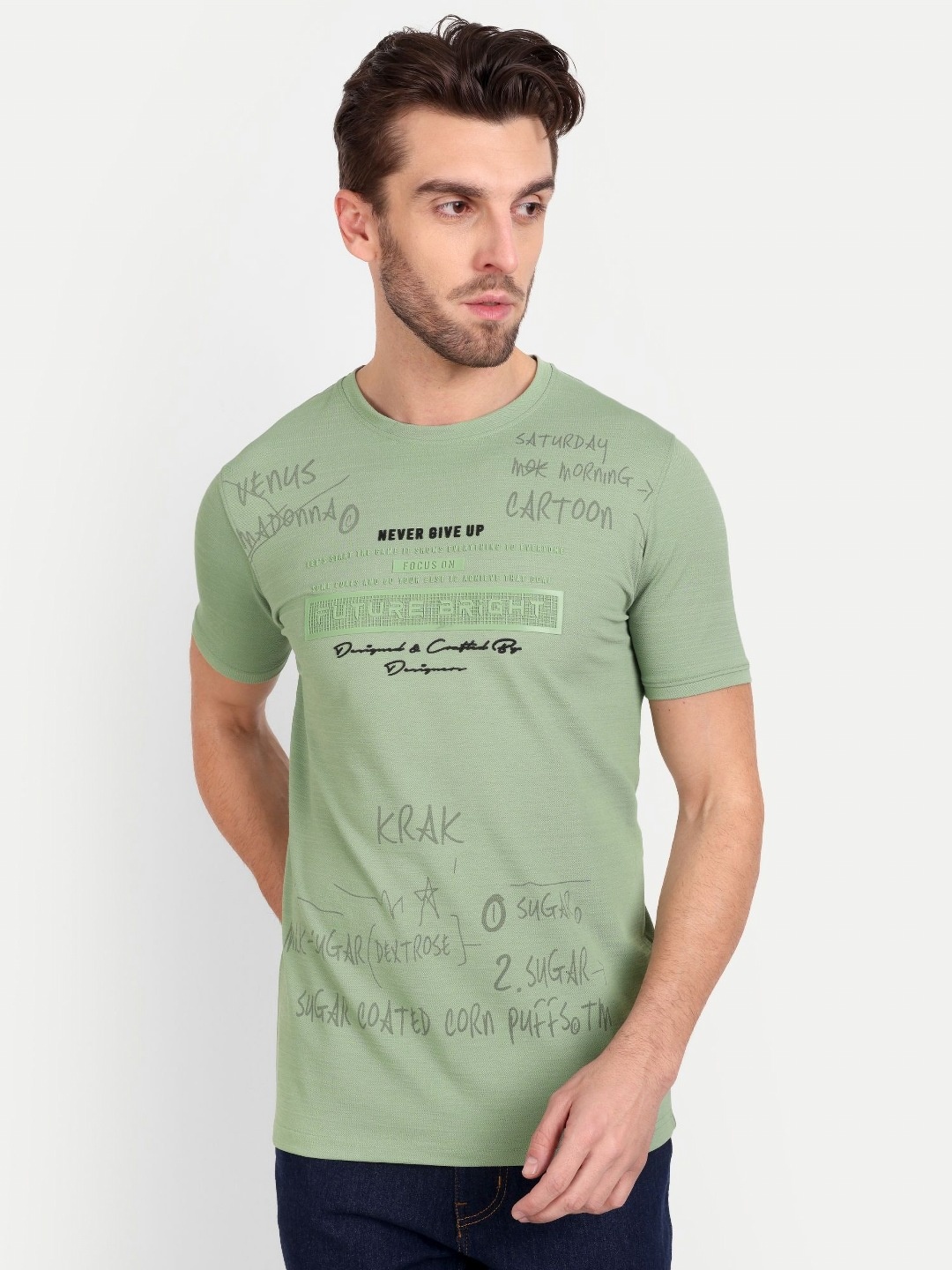 

MEGHZ Men Graphic Printed Round Neck Cotton Slim Fit T-shirt, Green