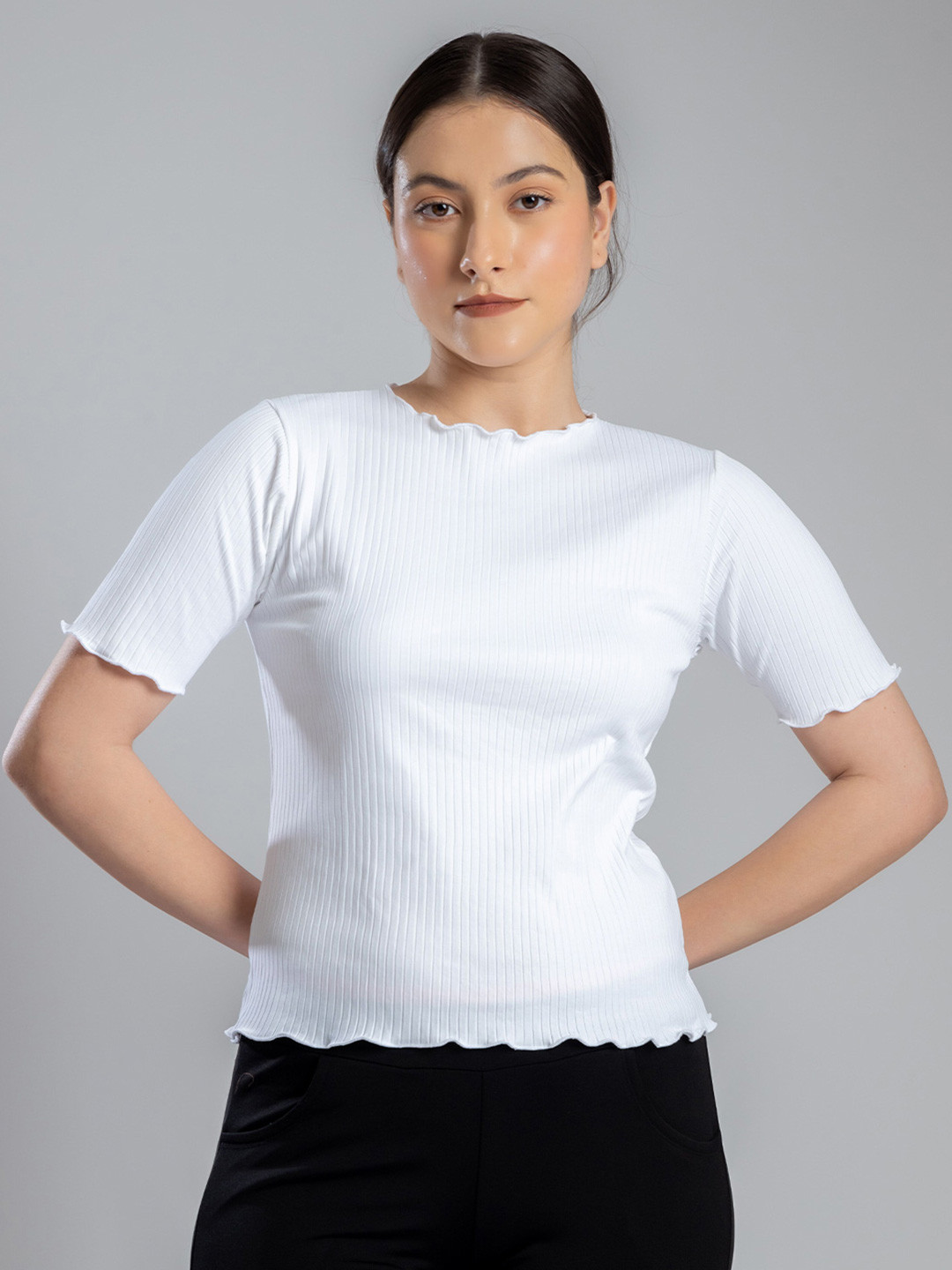 

Redamancii Women Solid Round Neck Polycotton Top, White