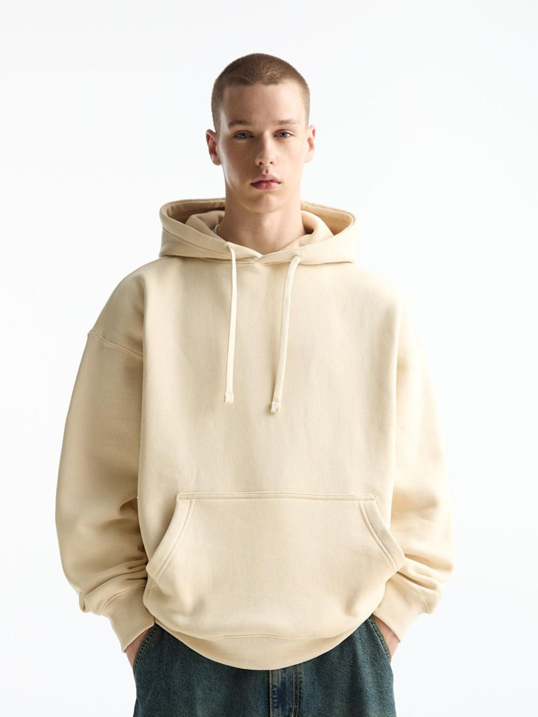 

MISCHIEF MONKEY Men Solid Hooded Pullover Sweatshirt, Cream