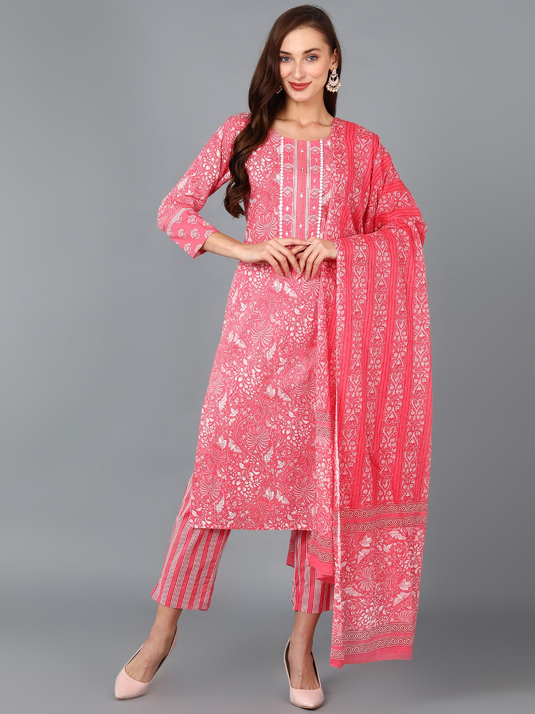 

KALINI Floral Printed Thread Work Pure Cotton Straight Kurta With Trousers & Dupatta, Pink