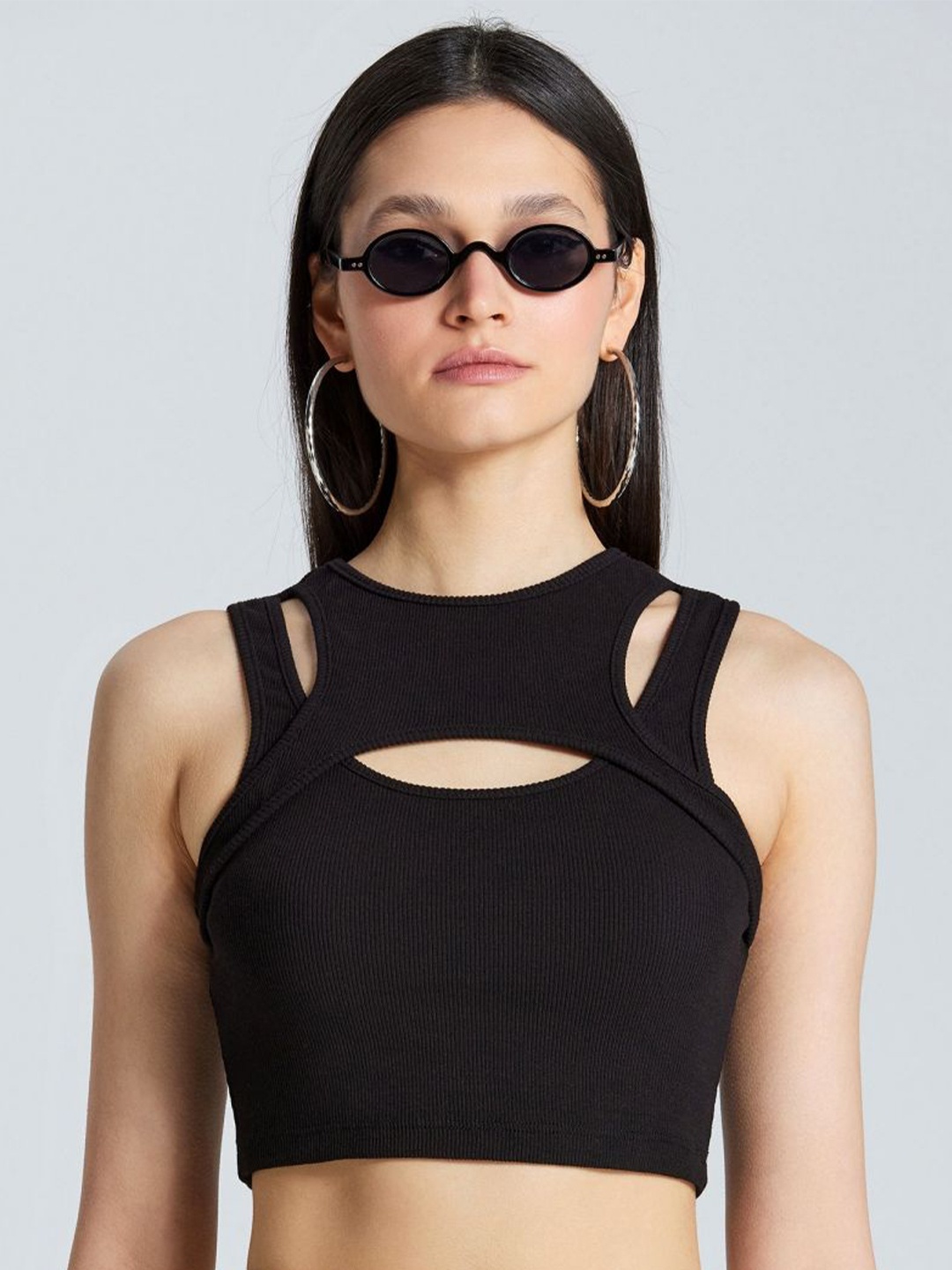 

ZOMODA Women Solid Round Neck Cotton Top, Black