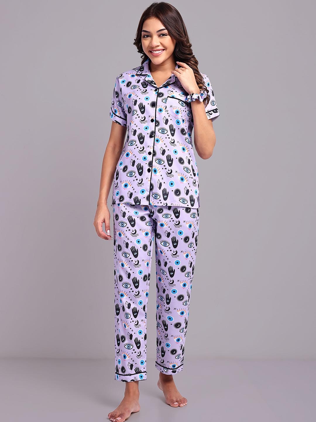 

LEAF ORIGINALS Women Conversational Printed Lapel Collar Printed Night suit, Purple