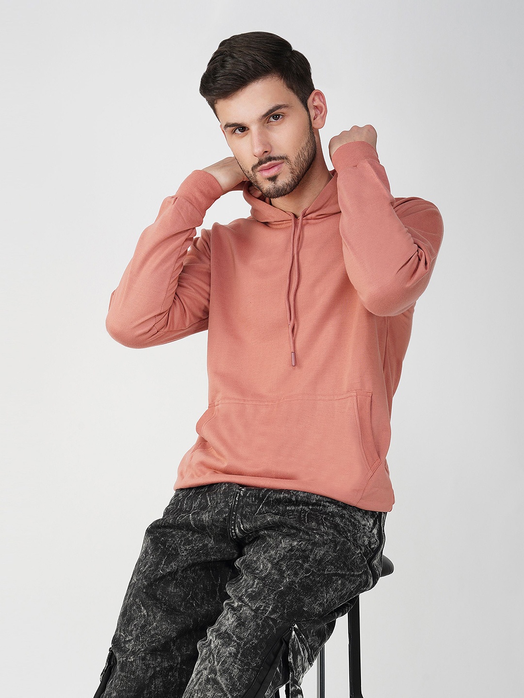 

The Roadster Lifestyle Co. Men Solid Hood Cotton Pullover Sweatshirt, Peach