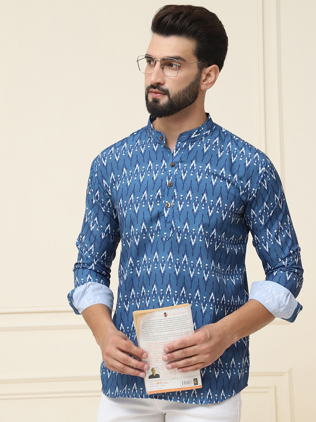 

SOJANYA Ethnic Motifs Printed Band Collar Neck Roll-Up Sleeves Pure Cotton Kurta, Blue