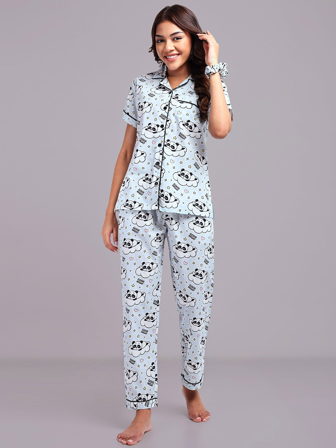

LEAF ORIGINALS Women Conversational Printed Lapel Collar Night Suit, Blue