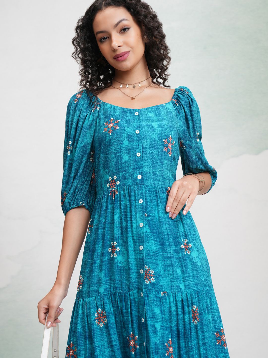 

Vishudh Floral Print Puff Sleeve Fit and Flare Midi Dress, Turquoise blue