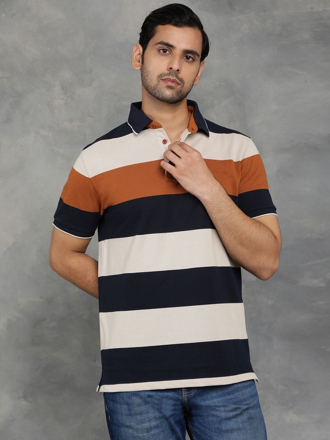 

JADE BLUE Men Striped Polo Collar Cotton Slim Fit T-shirt, Navy blue