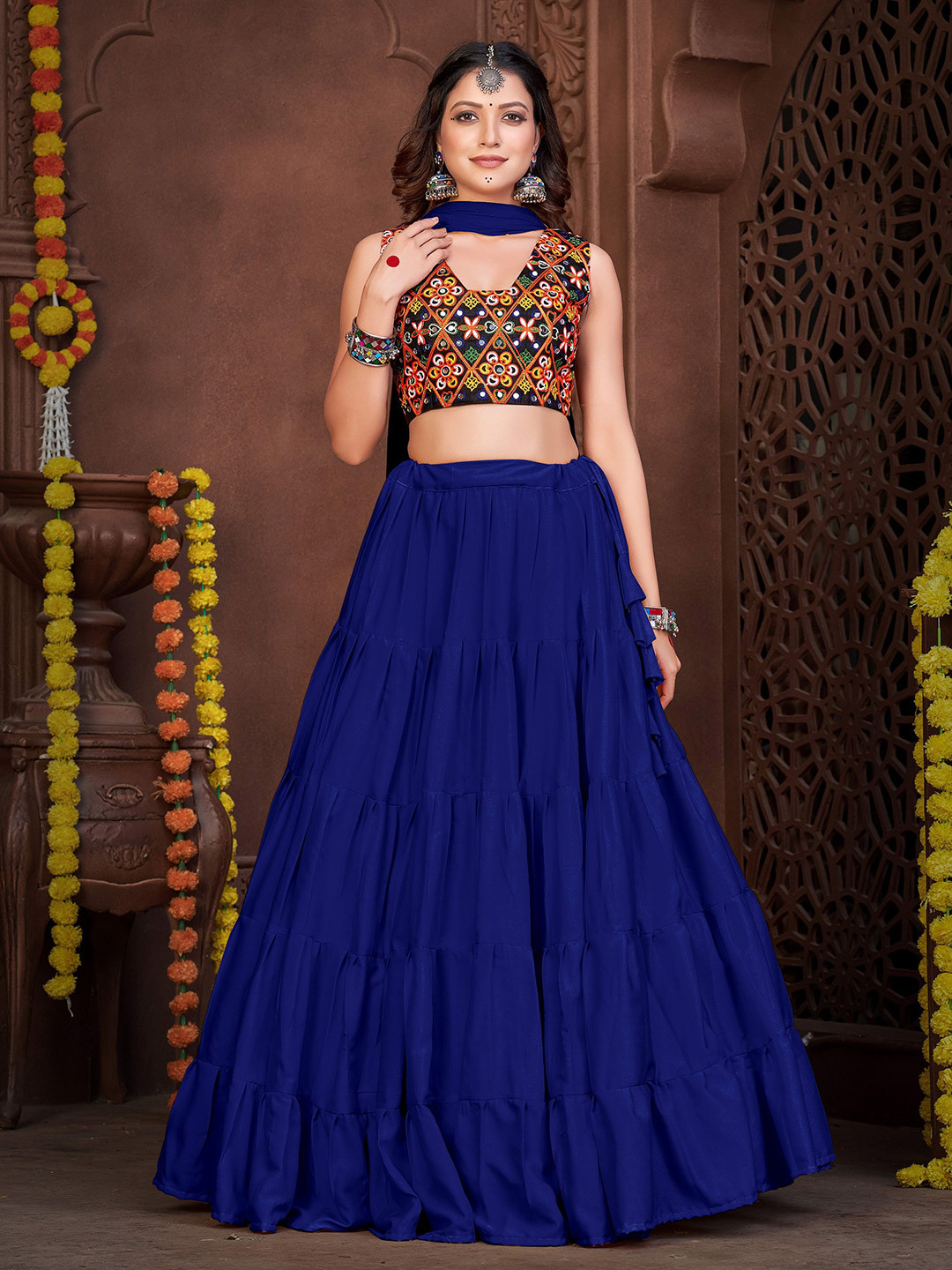 

KALINI Embroidered Thread Work Semi-Stitched Lehenga & Unstitched Blouse With Dupatta, Blue