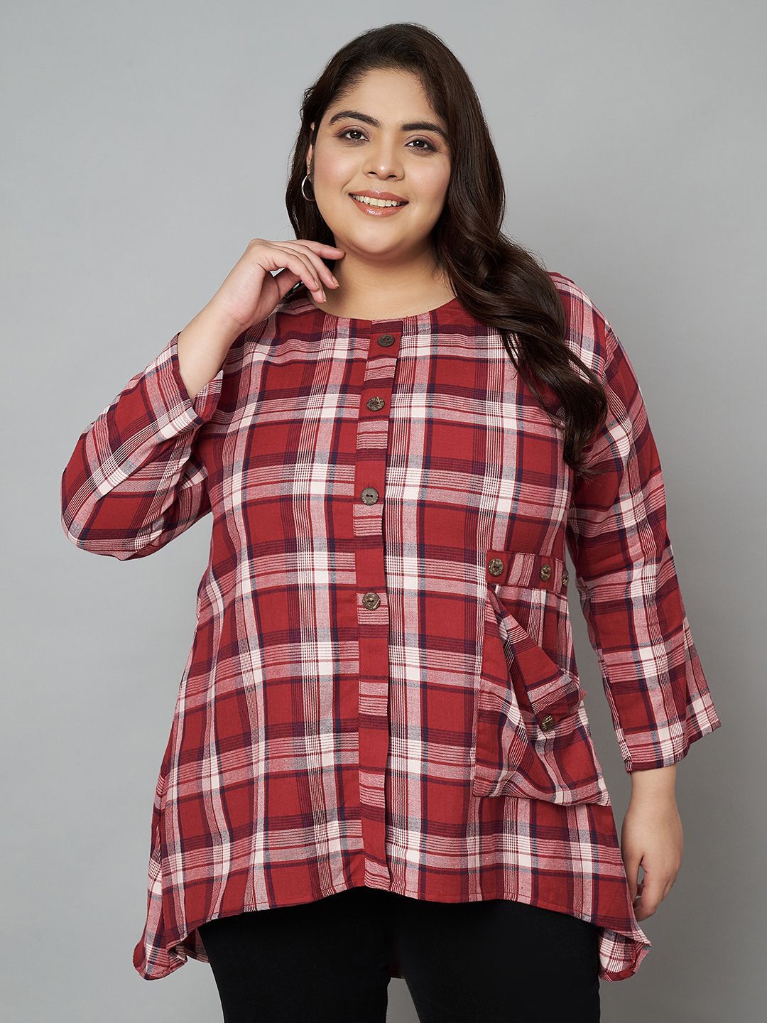 

VELDRESS Women Plus Size Collarless Tartan Checked Crepe Casual Shirt, Red