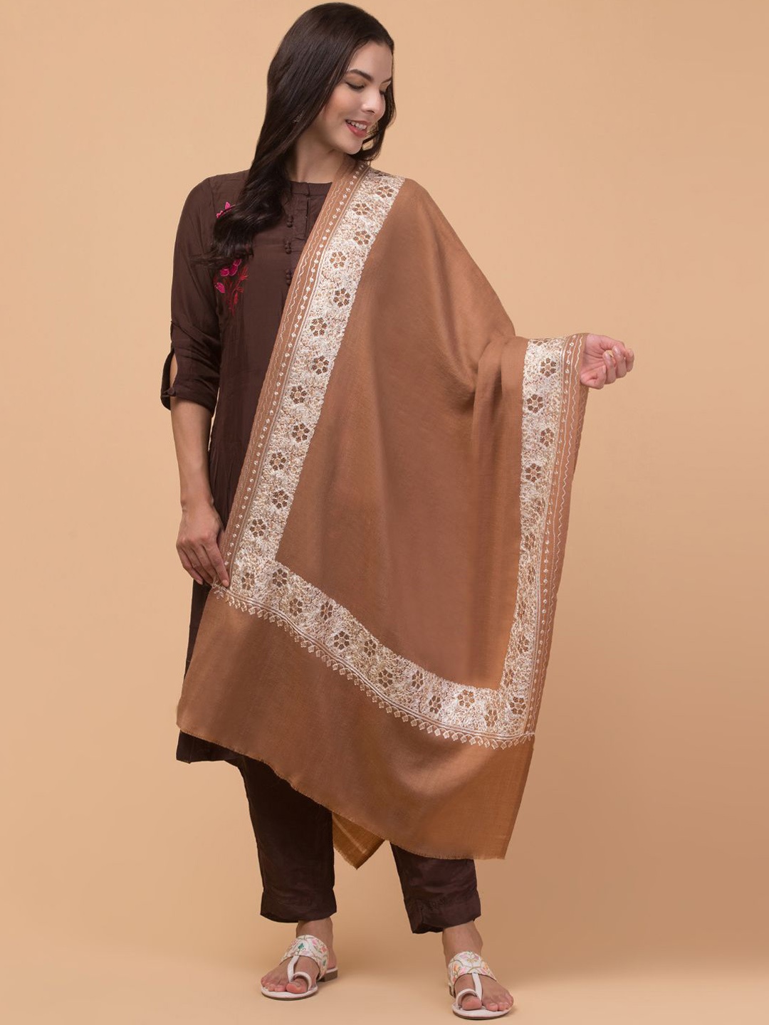 

Tweedle Floral Kashmiri Embroidered Woollen Shawl, Beige