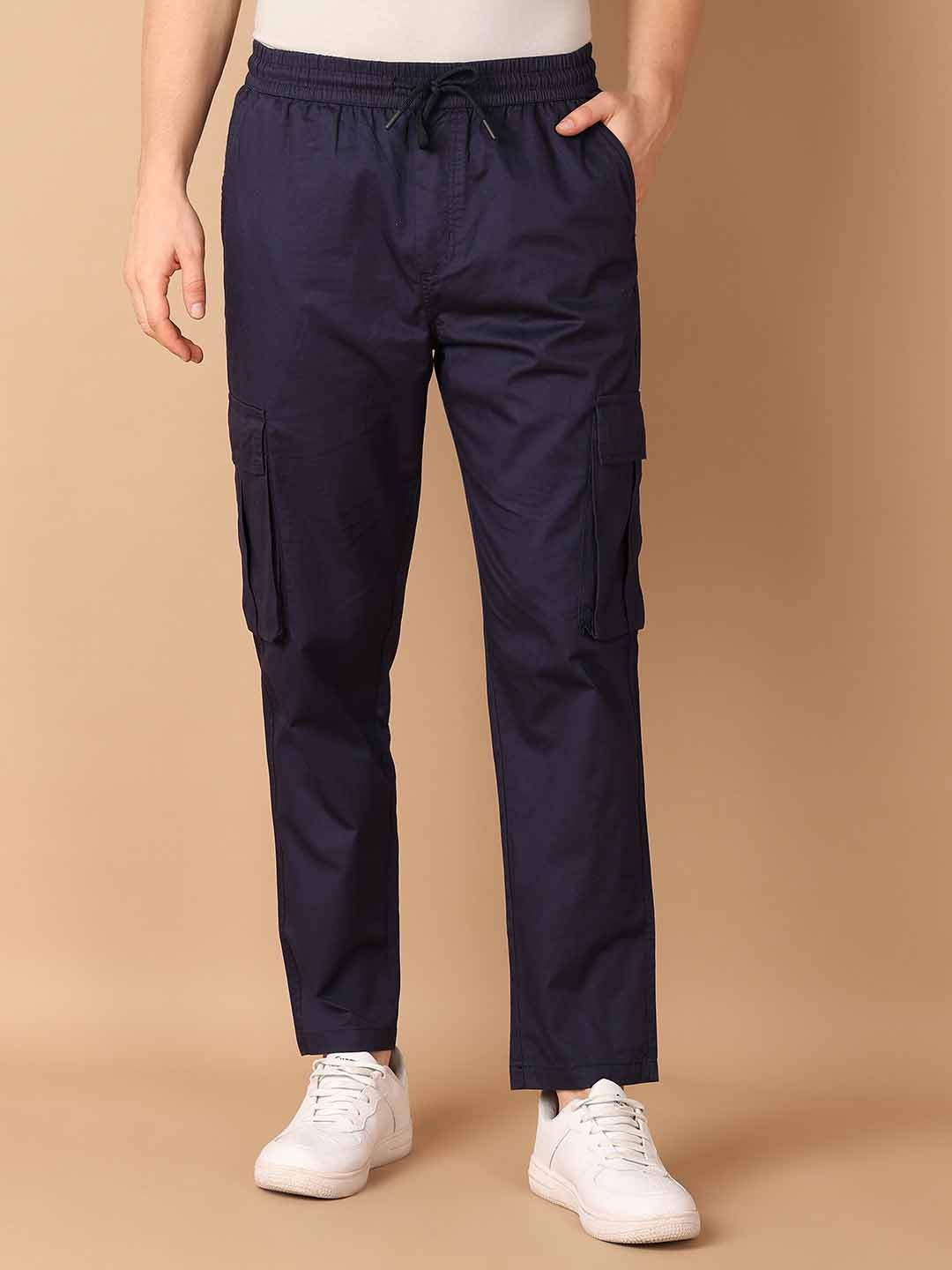 

V-Mart Men Solid Mid-Rise Cargos Trousers, Navy blue