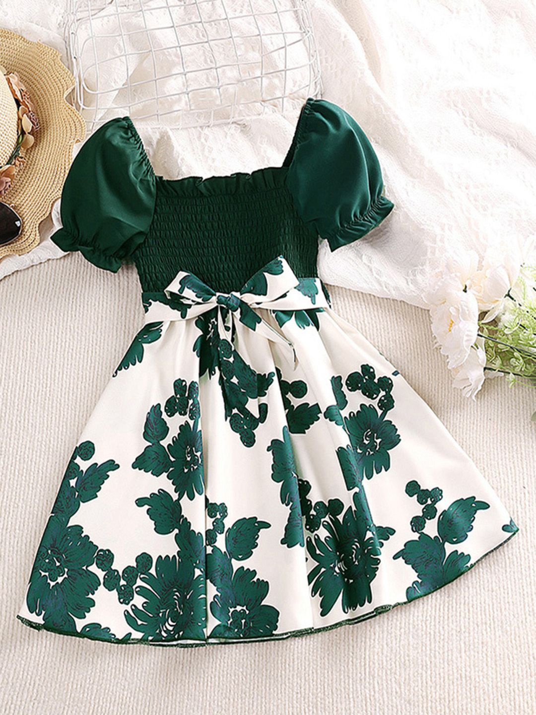 

INCLUD Floral Print Puff Sleeve A-Line Dress, Green