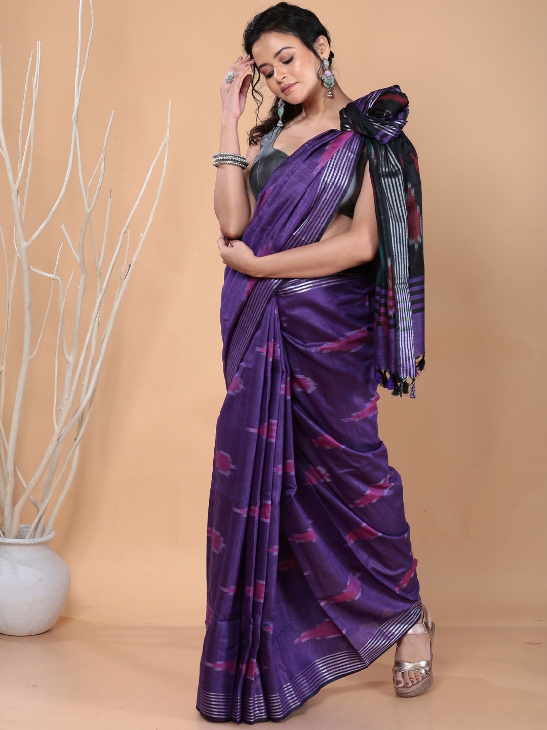 

Urbane Essence Zari Pure Silk Ikat Saree, Purple