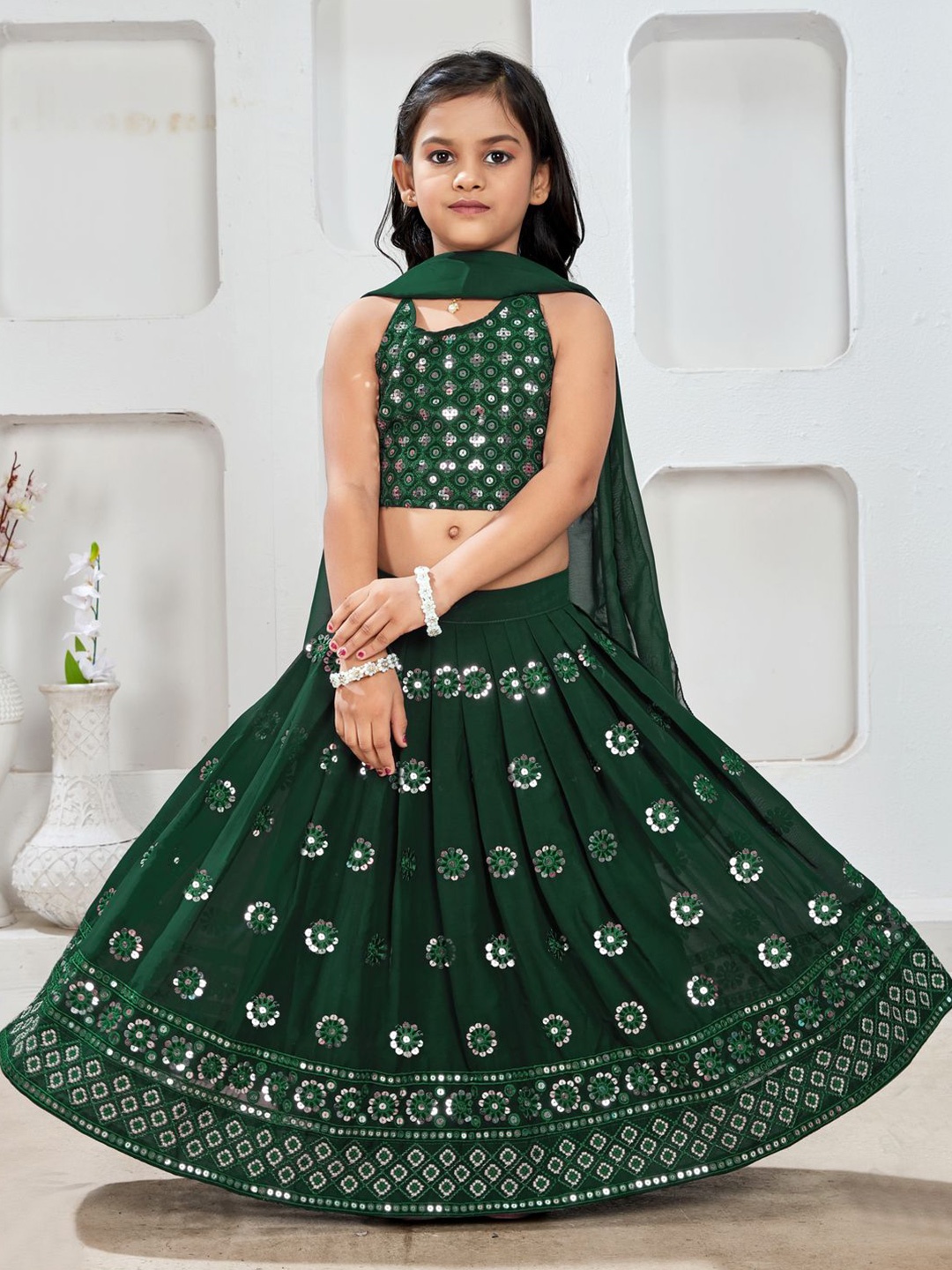 

BAESD Girls Embroidered Sequinned Ready to Wear Lehenga & Blouse With Dupatta, Green