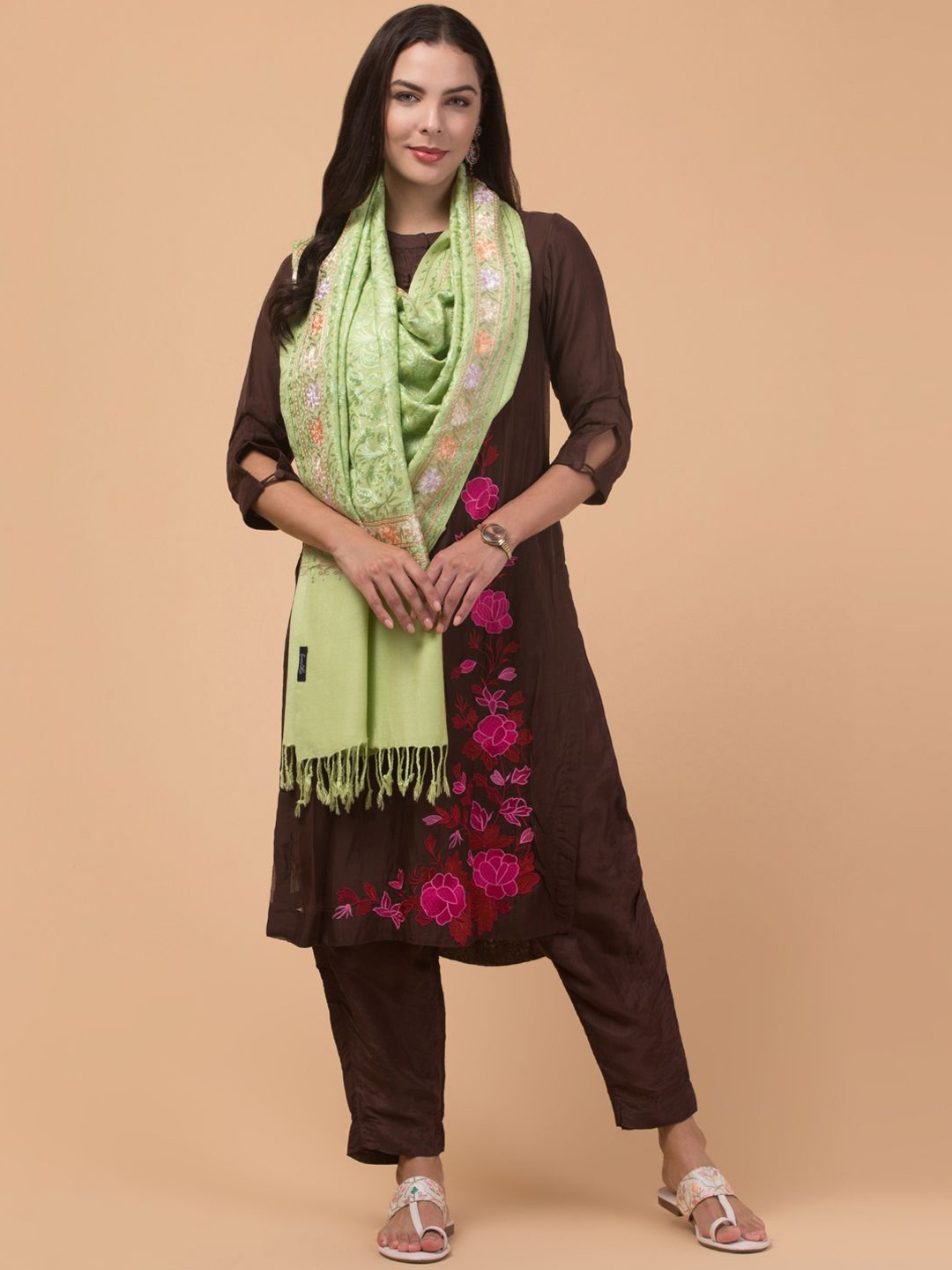 

Tweedle Floral Embroidered Acrylic Shawl, Fluorescent green